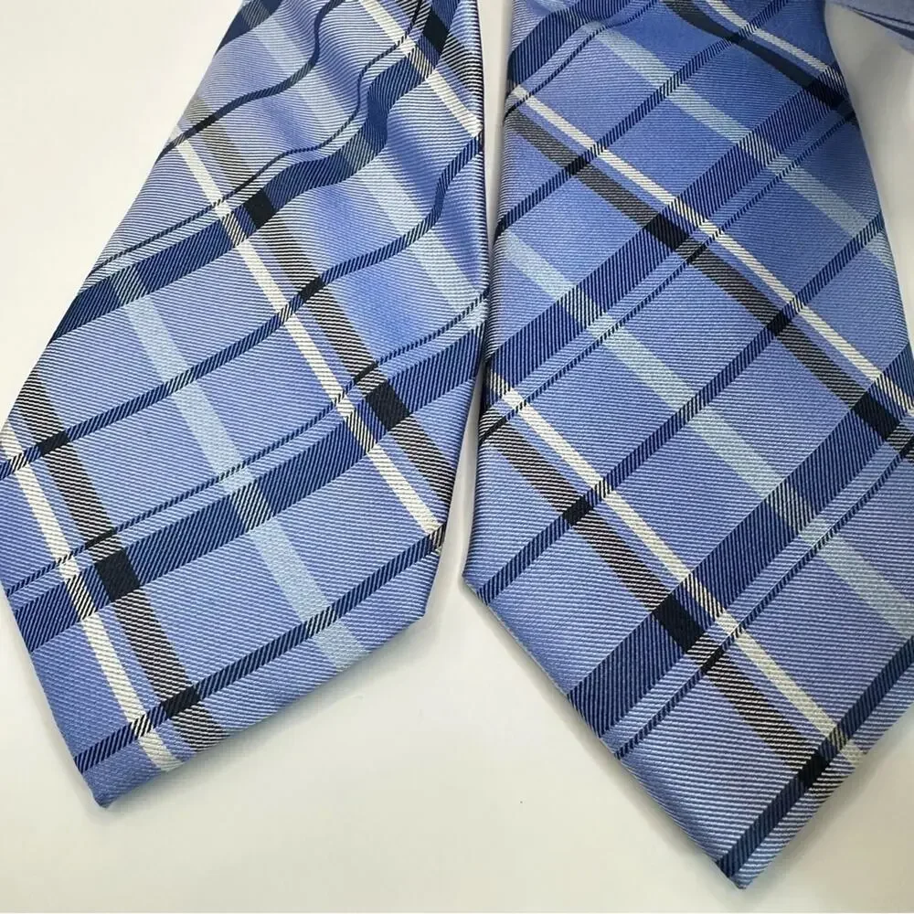 CHAPS NWT Blue White Plaid Neck Tie Lot of 2  Set Bundle 100% Silk Classic